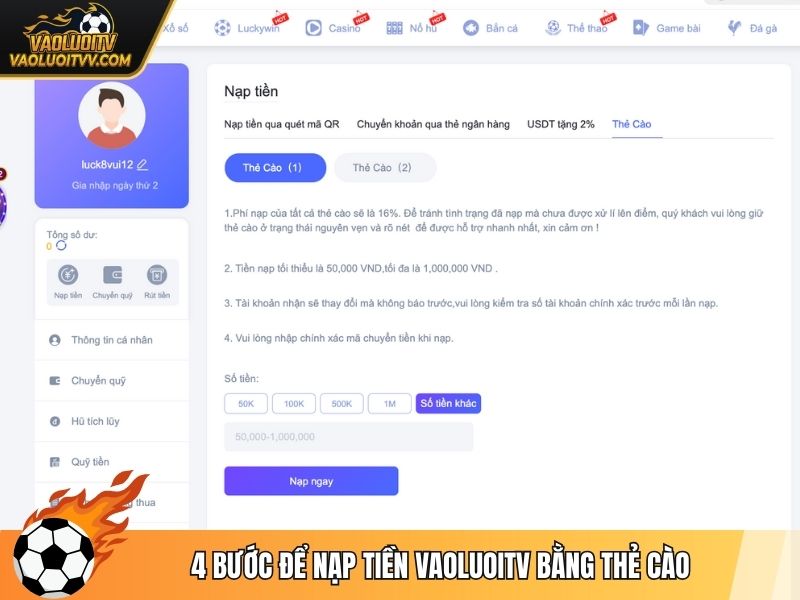 4 bước để nạp tiền Vaoluoitv bằng thẻ cào