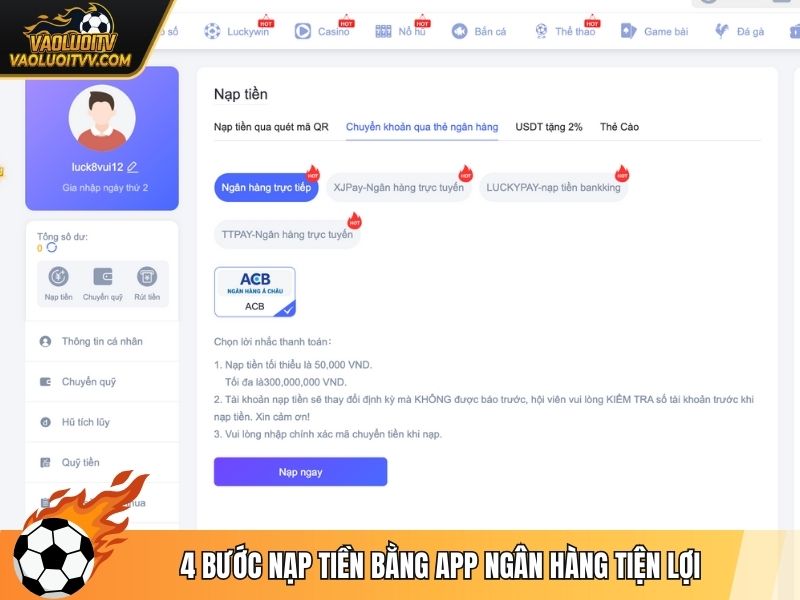 4 bước nạp tiền bằng app ngân hàng tiện lợi