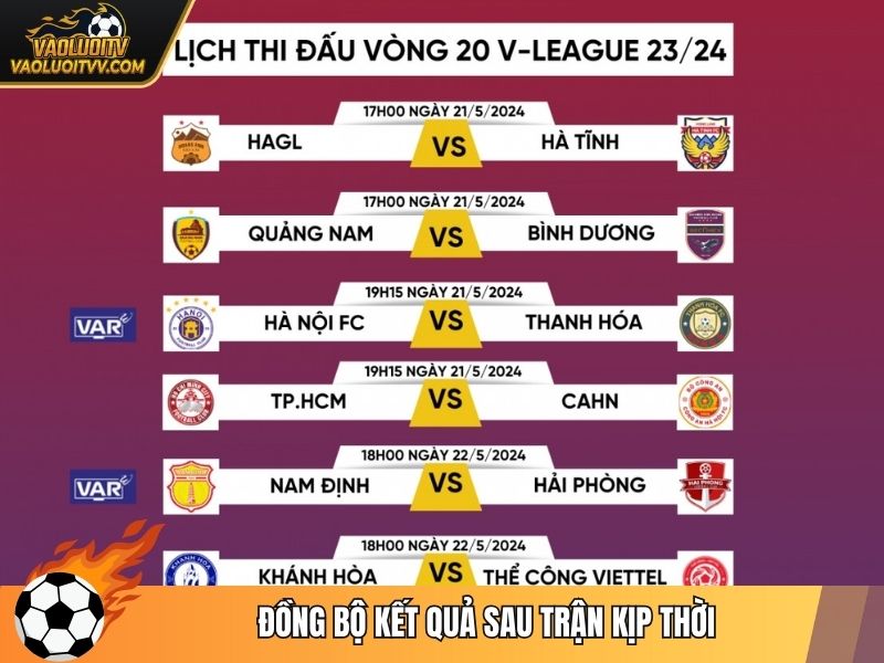 Đồng bộ kết quả sau trận kịp thời